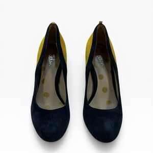 Boden Cathy Navy and Saffron Color block Suede Block Heel Pumps Size 8.5